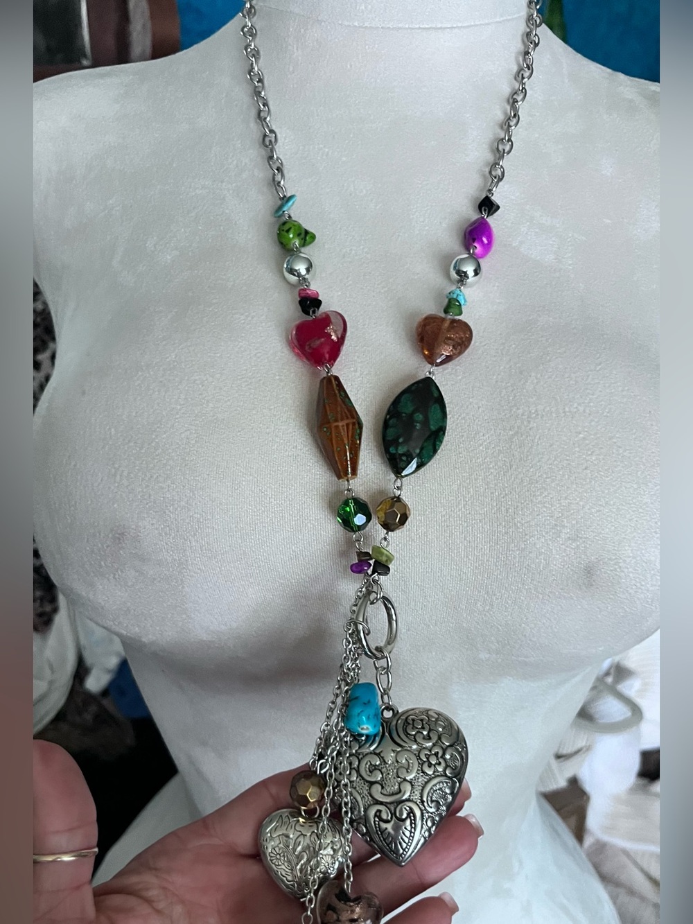 Artisan Boho Heart Charm Beaded Tassel Statement Necklace Silver Tone